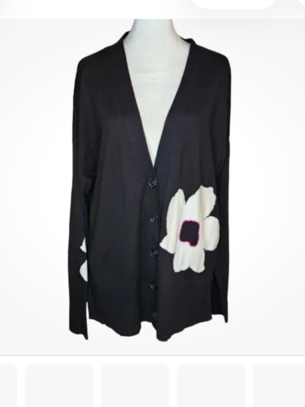 ⚠️Closet Clean Out Black Floral Button-Up Cardigan with White Flower Detail